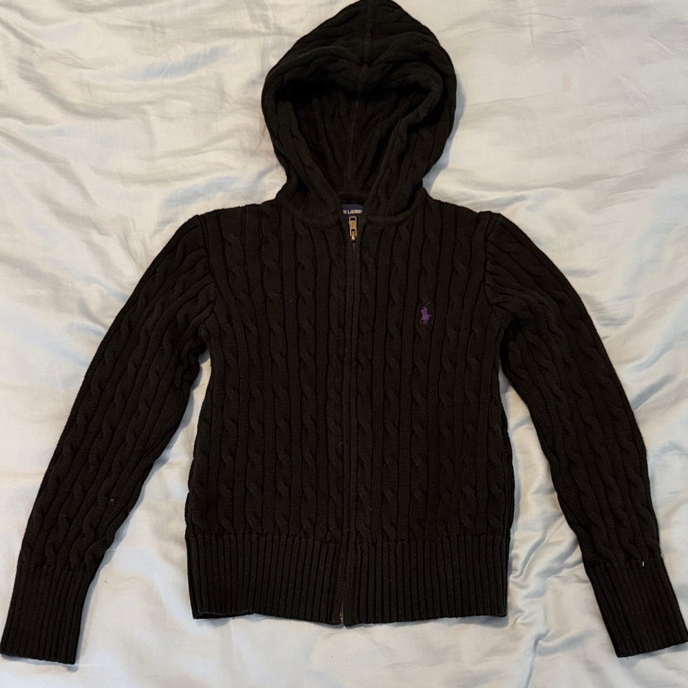 Ralph Lauren Girls 12/14 Black Hooded Cable Knit Cardigan